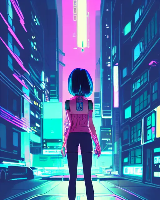 Image similar to digital illustration of cyberpunk pretty girl with pink hair, standing by a blue ford gt in a street at night, under streetlights, by makoto shinkai, ilya kuvshinov, lois van baarle, rossdraws, basquiat