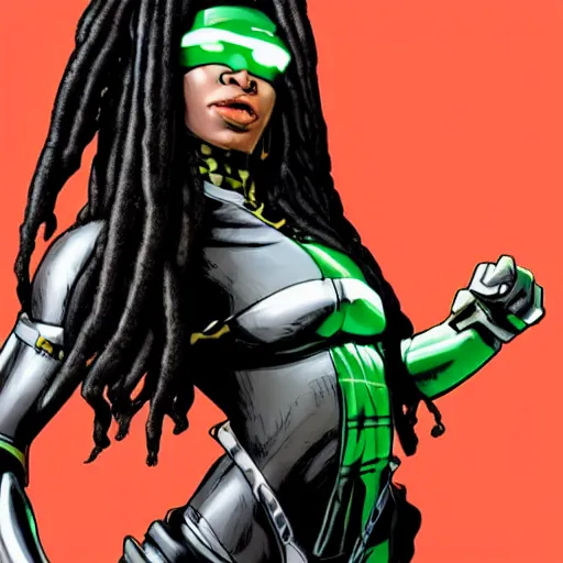Prompt: black women with dreads cyborg superhero