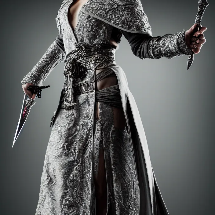 Prompt: photograph of a real-life beautiful assassin with intricate silver robes and daggers. Extremely detailed. 8k