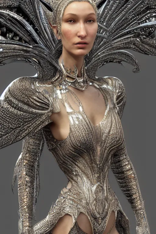 Image similar to a highly detailed metahuman 4 k render close up of an angelic alien goddess bella hadid in iris van herpen dress schiaparelli in diamonds swarovski and jewelry in style of alphonse mucha trending on artstation made in unreal engine 4