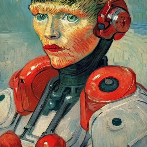 Image similar to Van Gogh portrait painting of a cyborg girl with black and red robotic parts, medium shot, asymmetrical, profile picture, Organic Painting, sunny day, Matte Painting, bold shapes, hard edges, street art, trending on artstation, by Huang Guangjian and Gil Elvgren and Sachin Teng