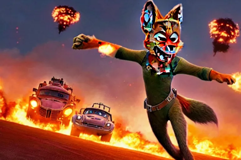 Image similar to nick wilde ( from zootopia ), heavily armed and armored facing down armageddon in a dark and gritty reboot from the makers of mad max : fury road