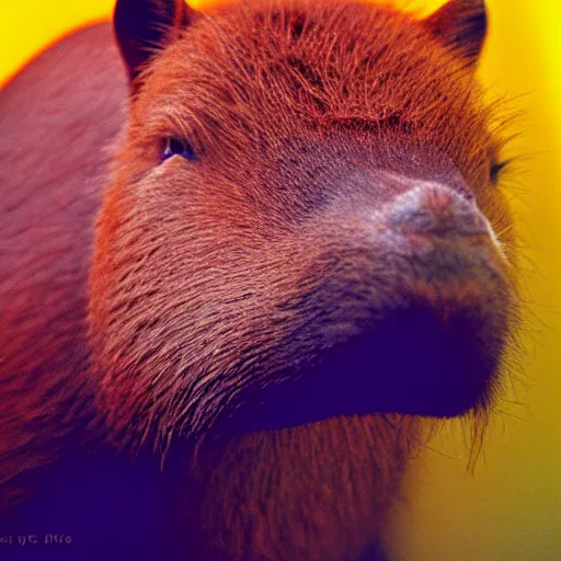 Image similar to capybara chews on a nvidia gpu, eats an rtx 1 0 8 0 graphic card, wildlife photography, kodak gold 2 0 0, depth of field, f / 2 2, neon lamp, volumetric lighting, award - winning photo