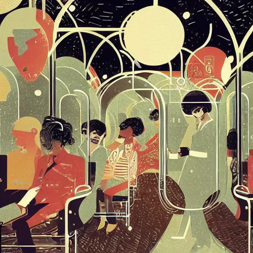 Image similar to parisian subway life, illustration by victo ngai, studio muti, malika favre