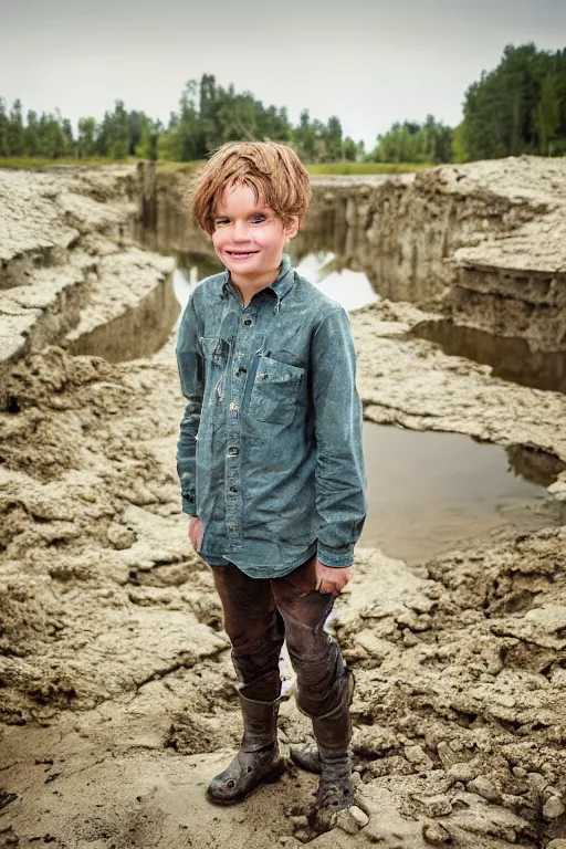 Image similar to photograph of a happy brown - haired swedish boy standing in an abandoned water - filled lime quarry. he spends his summer vacation in oland, sweden, he likes to swim in the lime quarry. happy childhood memories, beautiful emotional photograph, 4 k, magical qualities, photograph by anne geddes