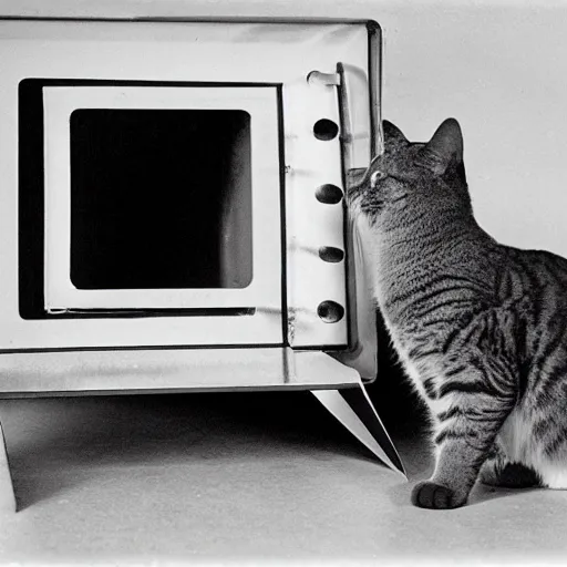 Image similar to studio photograph, a cat taking a pizza out of an oven