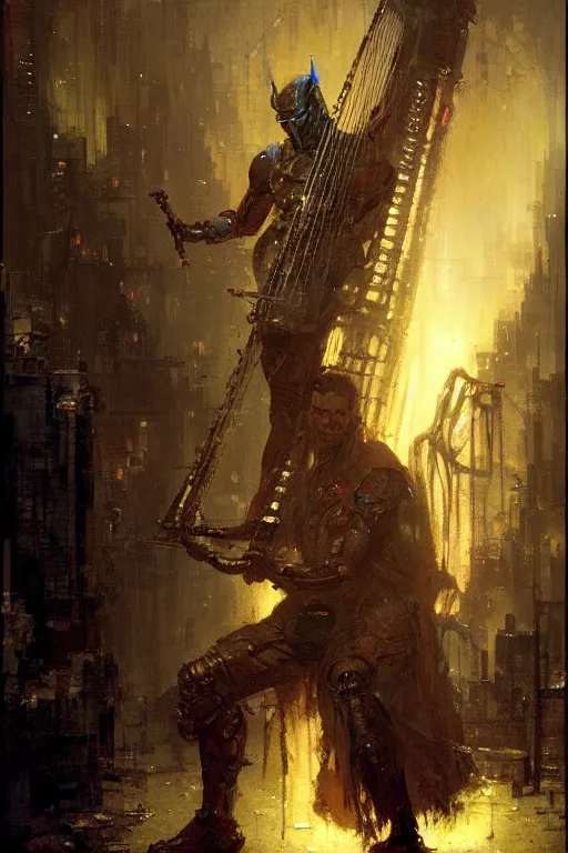 Prompt: modern looking robot man holding a fantasy harp in a grimy dungeon portrait dnd, painting by gaston bussiere, craig mullins, greg rutkowski, yoji shinkawa