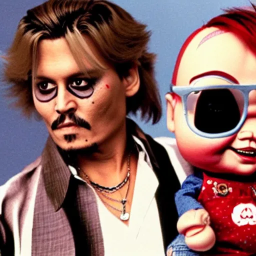 Image similar to Johnny Depp holding Chucky the killer doll