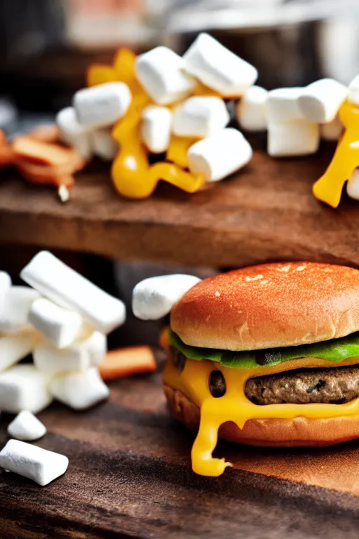 Prompt: cheeseburger made of marshmallows , hd,