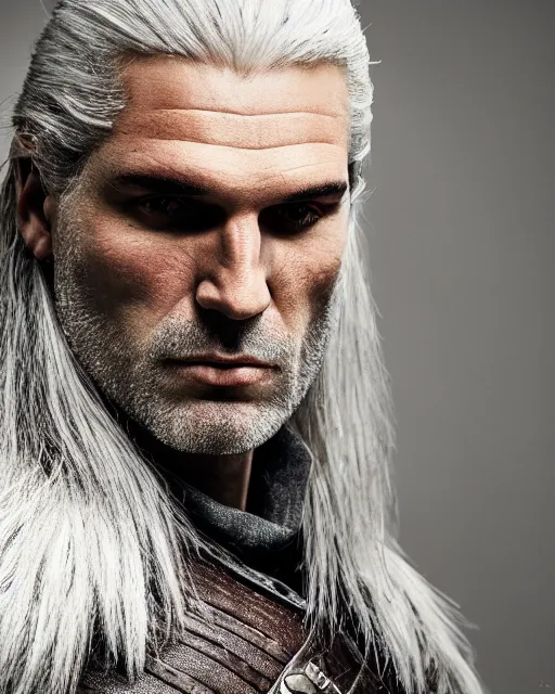 Image similar to portrait of geralt of rivia, 5 5 mm lens, professional photograph, times magazine, serious, stern look, zoomed out