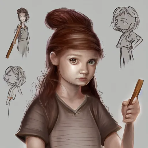 Prompt: young girl with a stick, character concept sheet, digital painting