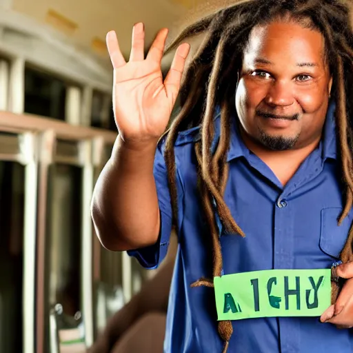 Prompt: african american male school bus driver with dreads, and chubby legs, nametag