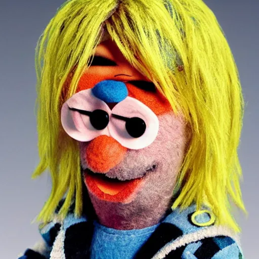 Image similar to kurt cobain as a muppet. highly detailed felt. hyper real photo. 4 k.