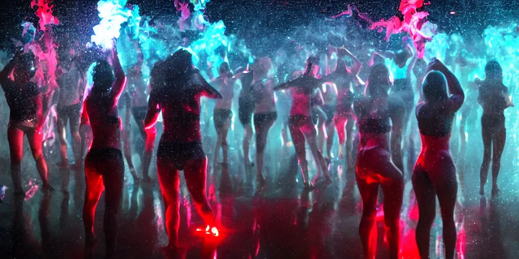 Image similar to love, groups of people with glowing bodies, from behind, rebirth, beauty, wide angle, elaborate, wet, highly detailed, smoke, steam, reflections, vivid colors, beautiful lighting