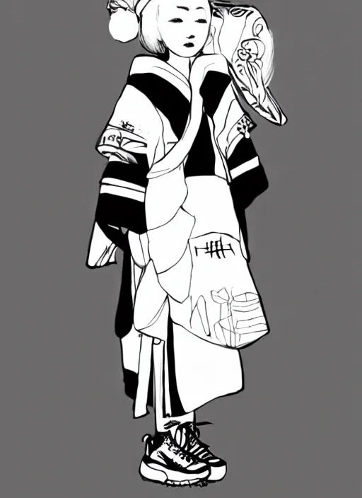 Prompt: a black and white rough sketch of a girl wearing traditional clothing of a japanese miko in the harajuku style wearing yeezy 5 0 0 sneakers