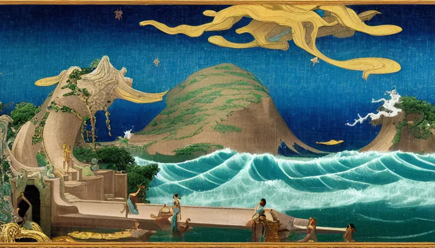 Image similar to A pool inside the giant Palace, mediterranean balustrade and columns, refracted lines and sparkles, thunderstorm, greek pool, beach and Tropical vegetation on the background major arcana sky and occult symbols, waves in the style of the great wave off kanagawa, by paul delaroche, hyperrealistic 4k uhd, award-winning, very detailed paradise