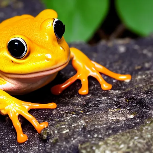 Prompt: photo orange and yellow frog