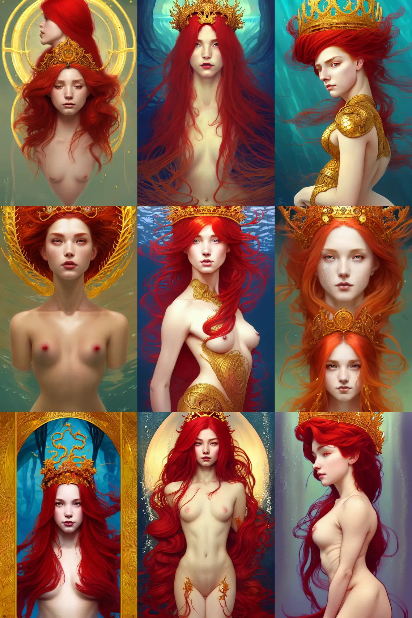 Prompt: symmetry, a red hair female underwater with a crown made of long golden fish, intricate, elegant, highly detailed, my rendition, digital painting, trending on artstation, concept art, smooth, sharp focus, illustration, art by artgerm and greg rutkowski and alphonse mucha and huang guangjian and gil elvgren and sachin teng
