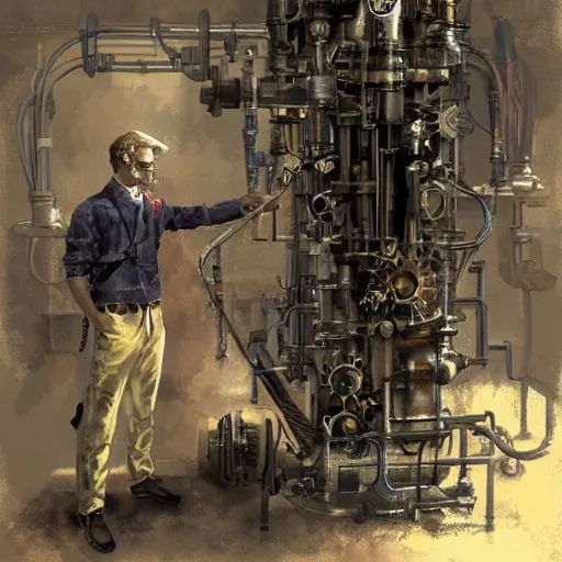 Prompt: A random pointless contraption ((steampunk)) industrial appliance pneumatic machine with no apparent purpose, being operated by a scholarly looking man with a clear directed gaze, artwork by Craig Mullins