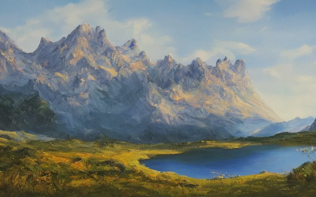 Image similar to a beautiful painting of a serene landscape with a lake in the foreground and jagged mountains in the background