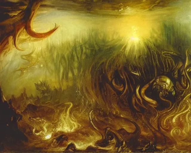 Image similar to an oil painting of cthulhu fighting an army in a forest, turner