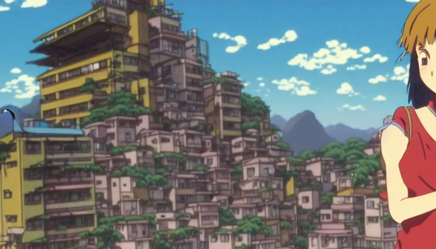 Prompt: 1 9 8 6 anime screencap of a girl with a gun on a rio de janeiro anime, by hayao miyazaki, studio ghibli, beautiful favela background extremely high quality artwork 4 k