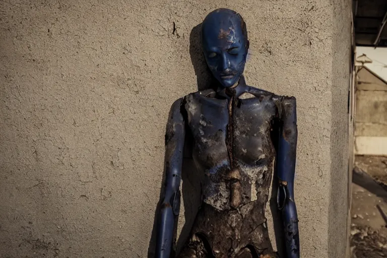 Image similar to vfx movie scene dilapidated mannequin in post apocalyptic street, natural evening light closeup by emmanuel lubezki