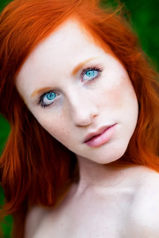 Image similar to a portrait of a redhead beautiful girl, green eyes, highly detailed, 3 5 mm f 1. 4 background silver fir