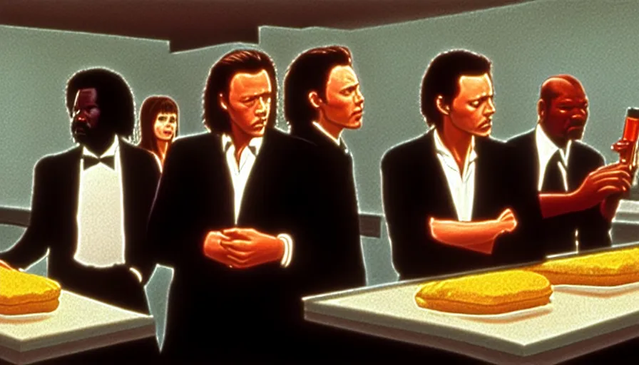 Image similar to jules from pulp fiction, christopher walken, gary oldman and ving rhames. in line at big kahuna burger. by edward hopper