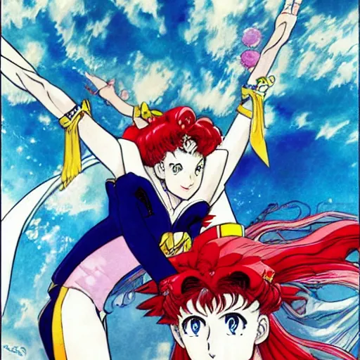 Image similar to sailor moon fighting by yoshiyuki sadamoto, gainax