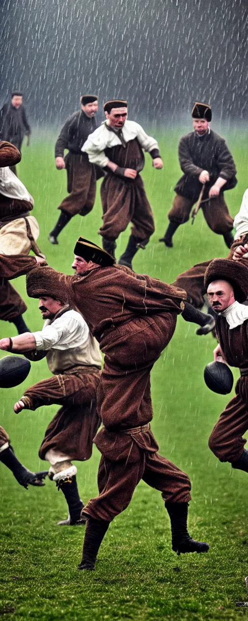 Image similar to ukrainian cossacks play football in london, early 2 0 th century, rain, realistic, hyper detail, dynamic, in john baeder style, many details, super realistic, high quality, 8 k