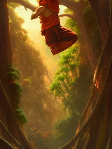 Prompt: a monk, hanging upside down from a tree, enlightenment, shiny head. intricate, elegant, highly detailed, digital painting, artstation, concept art, sharp focus, illustration, by justin gerard and artgerm, 8 k