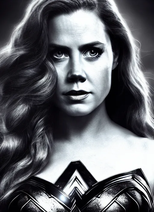 Image similar to a potrait of Amy Adams potrayed as Wonder Woman, Directed by Zack Snyder, Christopher Nolan, Sam Raimi, 8k photorealistic, cinematic lighting, HD, high details, dramatic, trending on artstation, above view, dark atmosphere,