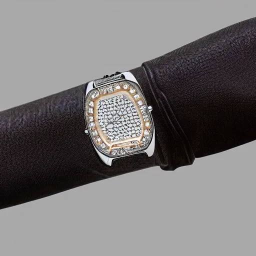 Prompt: van cleef and arpels wristwatch studded with rubies and topaz on a carbon fiber black background detailed watch hands javanese numerals, photorealistic photograph human skin wrist band