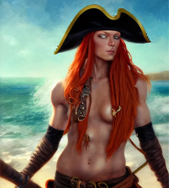 Image similar to muscular female pirate at sea, perfect face, black hat, leather halter top, ginger hair, abs, cinematic, blush, stunning, athletic, strong, agile, highly detailed, psychedelic, digital painting, artstation, smooth, hard focus, illustration, art by jessica rossier and and brian froud