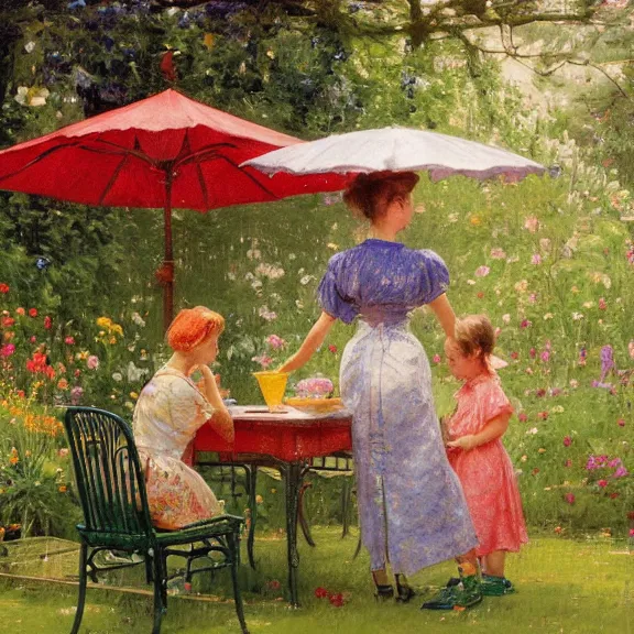 Prompt: a housewife and her daughter putting dishes on a table in the backyard, a tilted parasol sits above the table, a garden with colorful flowers in the background, rainy scene, cozy 1 9 5 0's, medium symmetry, by greg rutkowski, by ilya repin, extreme detail, 8 k, intricate abstract, photorealistic