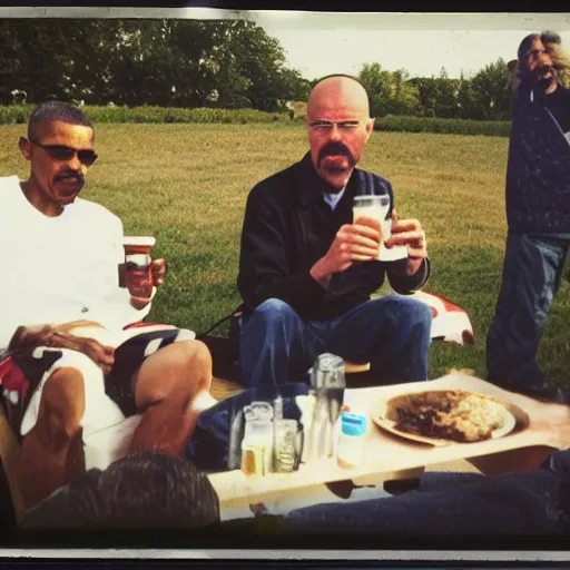 Image similar to Obama and Walter White sharing a beer at the family bbq, Polaroid image