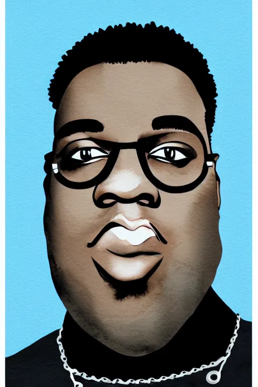 Image similar to minimalist watercolor biggie smalls face on white background, illustration, vector art