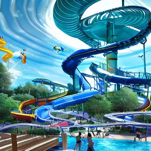 Image similar to moon colony waterpark with water slides, digital art, epic composition, highly detailed, cinematic lighting