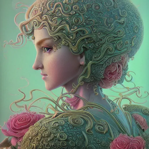 Image similar to a beautiful detailed front view portrait of princess peach with ornate growing around, ornamentation, flowers, elegant, beautifully soft lit, by wayne barlowe, peter mohrbacher, kelly mckernan,