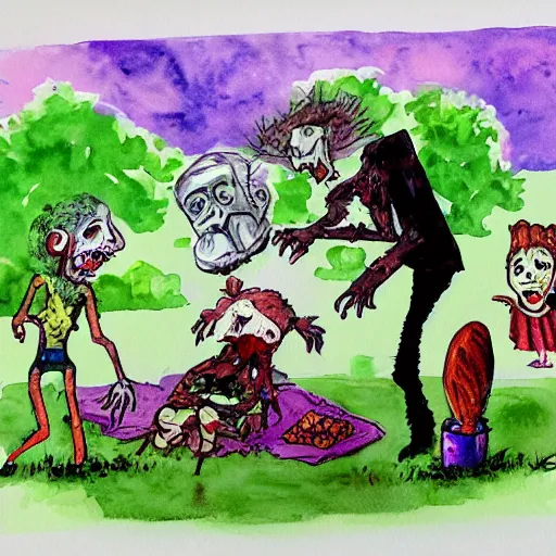 Prompt: watercolor painting of zombie picnic in the style of A. A. Milne