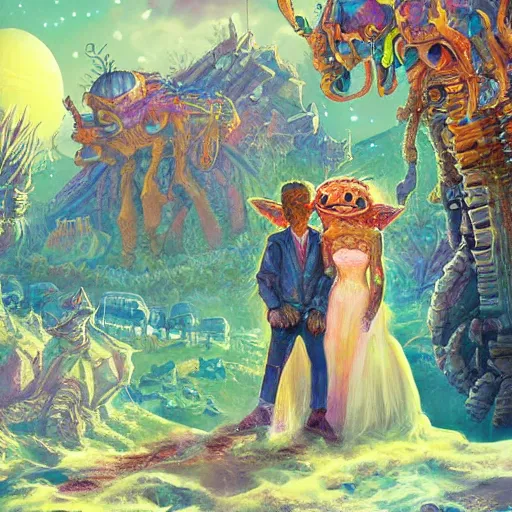 Image similar to extraterrestrial wedding in village on ancient post - apocalyptic planet, jim henson creature shop, vivid and colorful, cinematic, oil painting, highly detailed, illustration