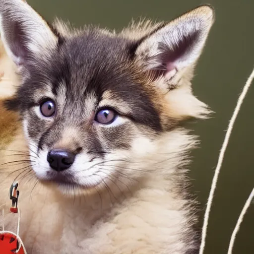 Image similar to a kitten looking at a string in the foreground, a german shepherd hunting a fox in the background