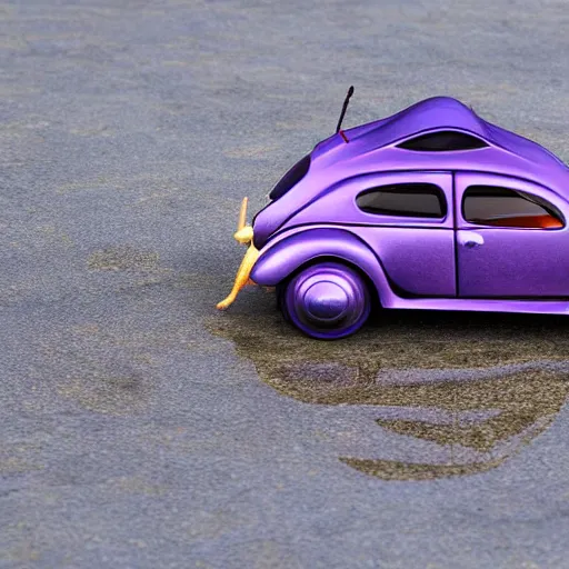 Prompt: colossal purple beetle vehicle drives on an earth like planet, purple water