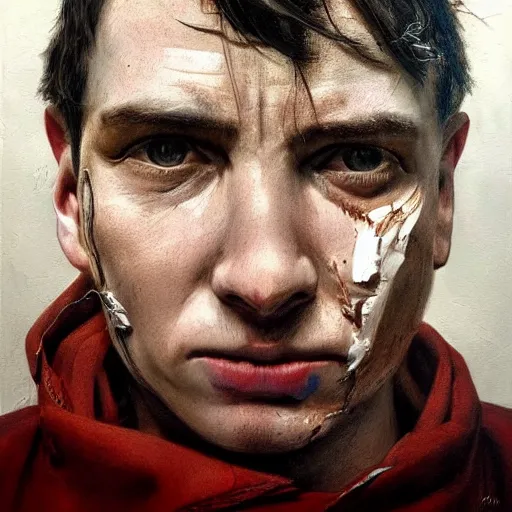 Image similar to high quality high detail painting by juan francisco casas, hd, portrait of a psychopath, intense unsettling look in the eyes, photorealistic lighting