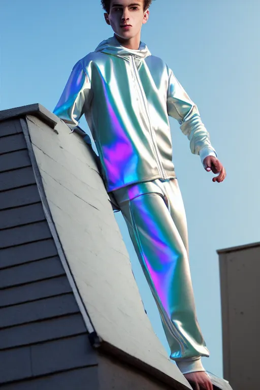 Image similar to un ultra high definition studio quality photographic art portrait of a young man standing on the rooftop of a british apartment building wearing soft baggy inflatable padded silver iridescent pearlescent clothing. three point light. extremely detailed. golden ratio, ray tracing, volumetric light, shallow depth of field. set dressed.