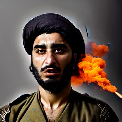 Prompt: Photo of Khalid ibn al-Walid in a battle, war cry, close-up, high detail, studio, ominous background, smoke, by Martin Schoeller