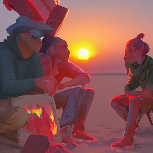 Image similar to team discussing around bonfire, sunset, third person view, clothes with pattern of pieces of watermelon, detailed, artstation,