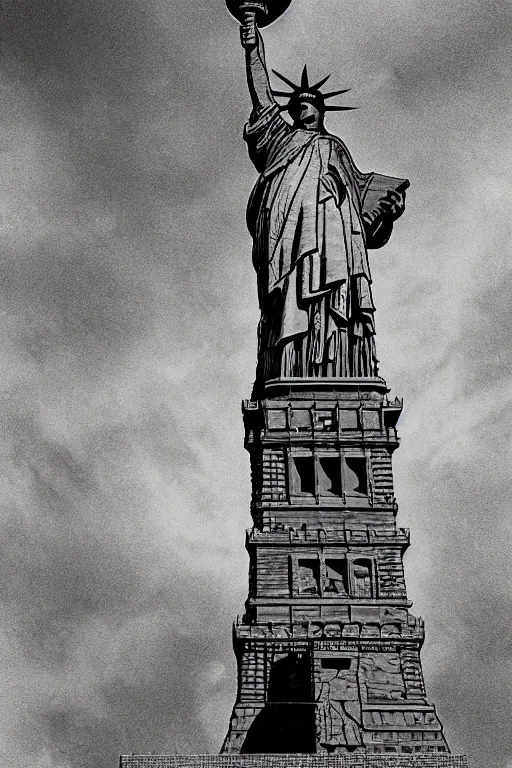 Prompt: ultra wide angle shot of an impossibly tall guillotine, next to the statue of liberty, surrealism, in the style of terry gilliam