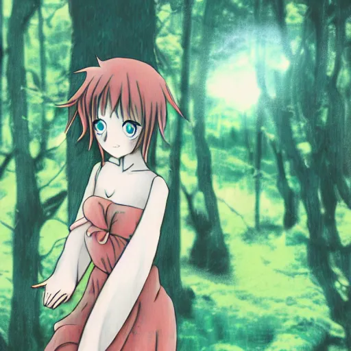 Image similar to anime girl lost in the forest in the style of cyanotype